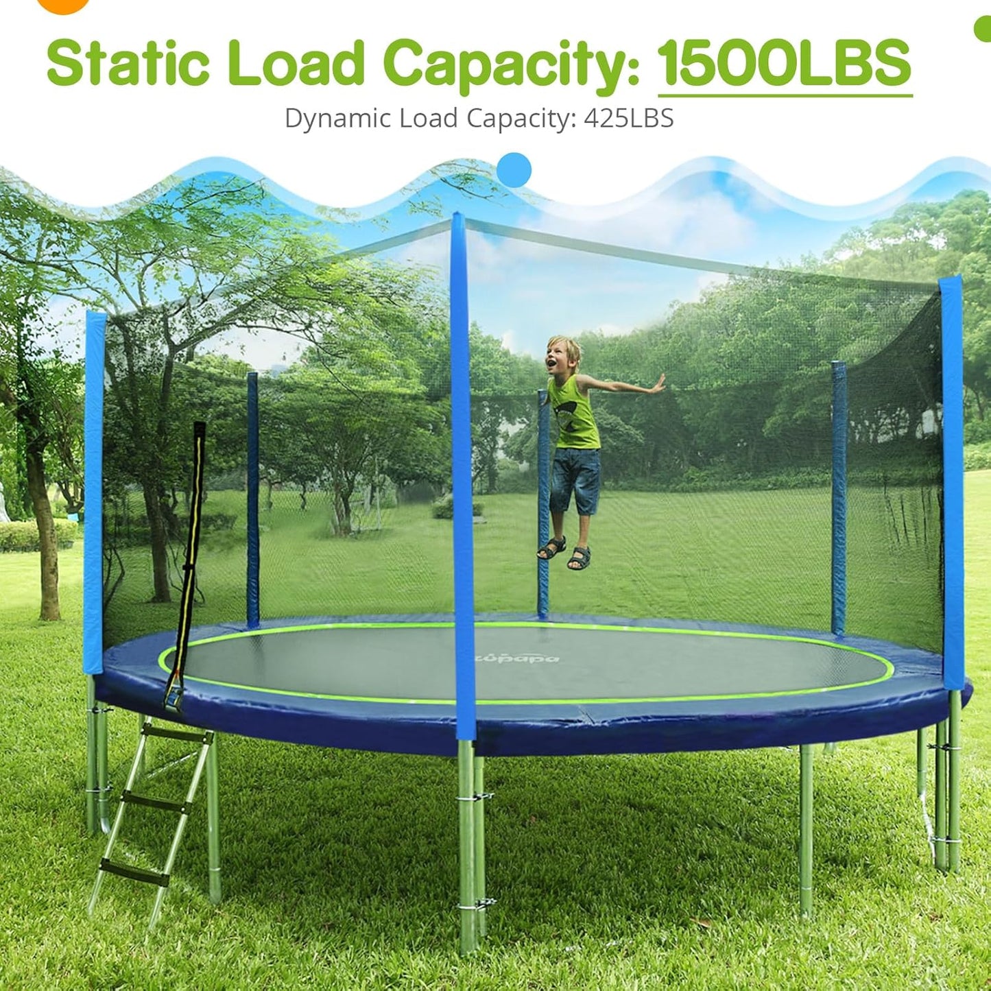 1800LBS Capacity No-Gap Design 16 15 14 12 10FT Trampoline with Safety Enclosure Net and Non-Slip Ladder 10-Year Quality Assurance Perfect for Kids Family Outdoor Backyard Fun